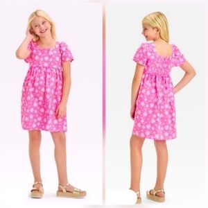 Barbie Pink Cotton Floral Puff Sleeve Smocked Sun Dresz
